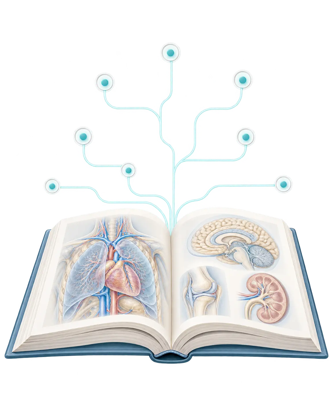 Open clinical reference book with branching evidence pathways