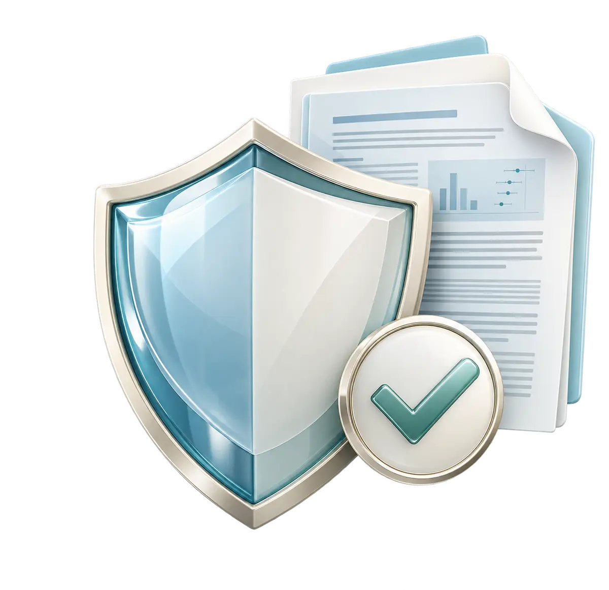 Shield layered with a citation page and a check mark
